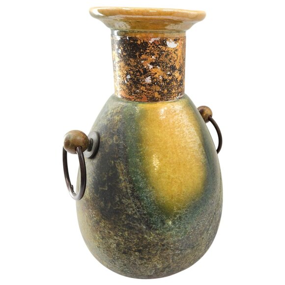 Vtg. Tony Evans Large Raku Vase Brass Handles Signed Spotted Glaze Metal Collar - Picture 2 of 10